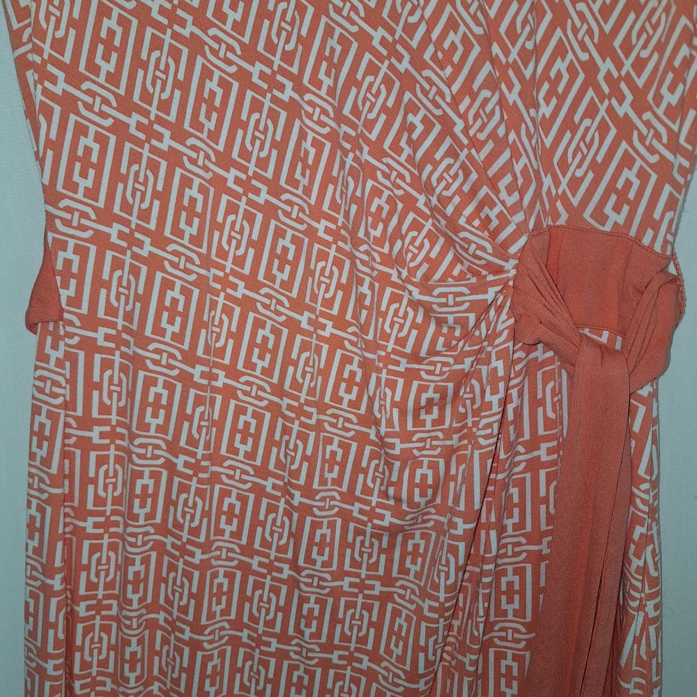 Midi Dress Resort Wear Retro New York & Company Stretch Faux Wrap Peach Orange L - Picture 10 of 11
